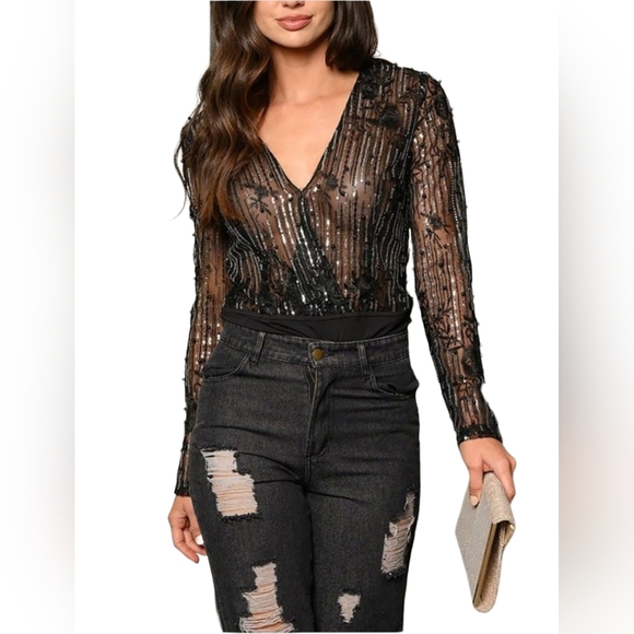Womens Long Sleeve V-Neck Beaded Lace Bodysuit - Picture 7 of 11